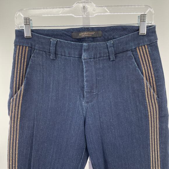 Liverpool Brooke Blue Denim Dark Wash Gold Side Stripe Straight Leg Jeans 4/27 - Picture 4 of 15